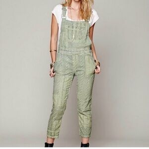 Free People Olive Green Patterned Cotton Overalls Jumpsuit